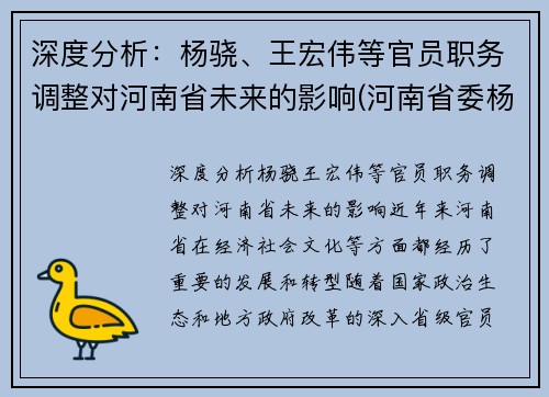 深度分析：杨骁、王宏伟等官员职务调整对河南省未来的影响(河南省委杨晓捷简介)